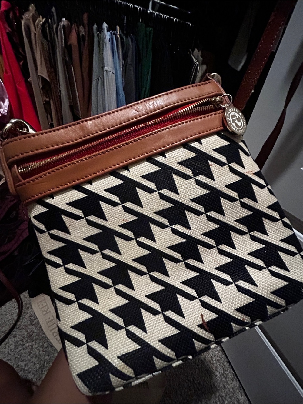 Canvas Houndstooth Crossbody Bag with Brown Trim